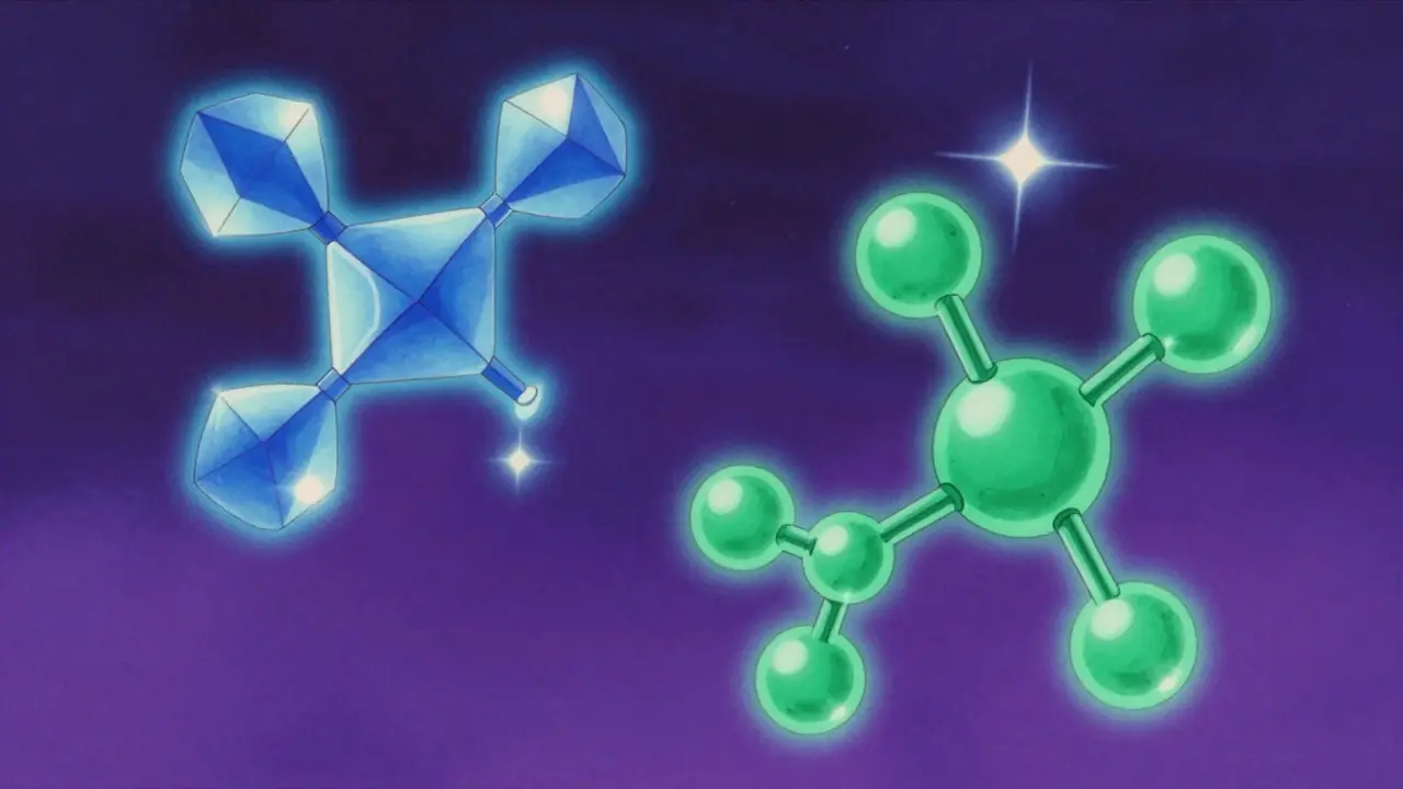 Abstract molecular structures comparing antibiotic and safe medication types in anime