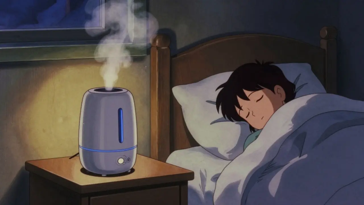 Bedroom scene with a humidifier releasing steam at night.