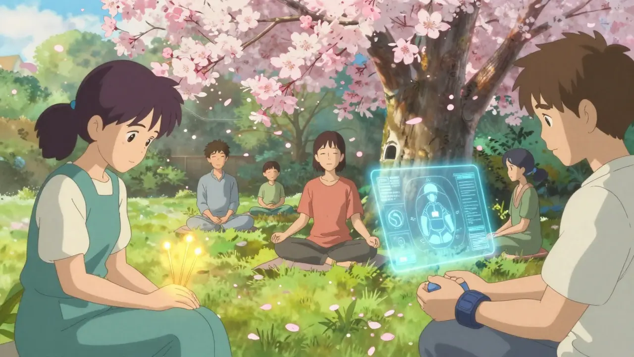 Diverse patients in a garden receiving acupuncture, mindfulness, and using an AI pain management interface under cherry blossoms.