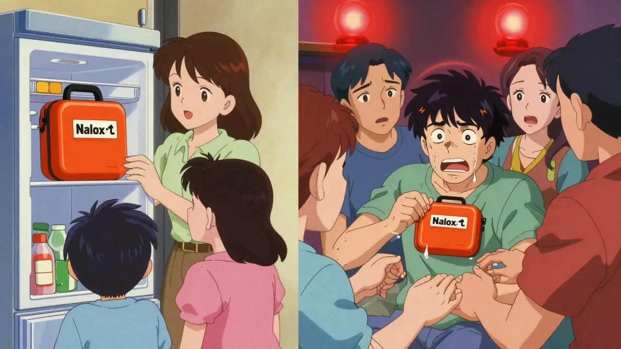 Family storing naloxone on fridge and using it during emergency, supportive figures nearby.