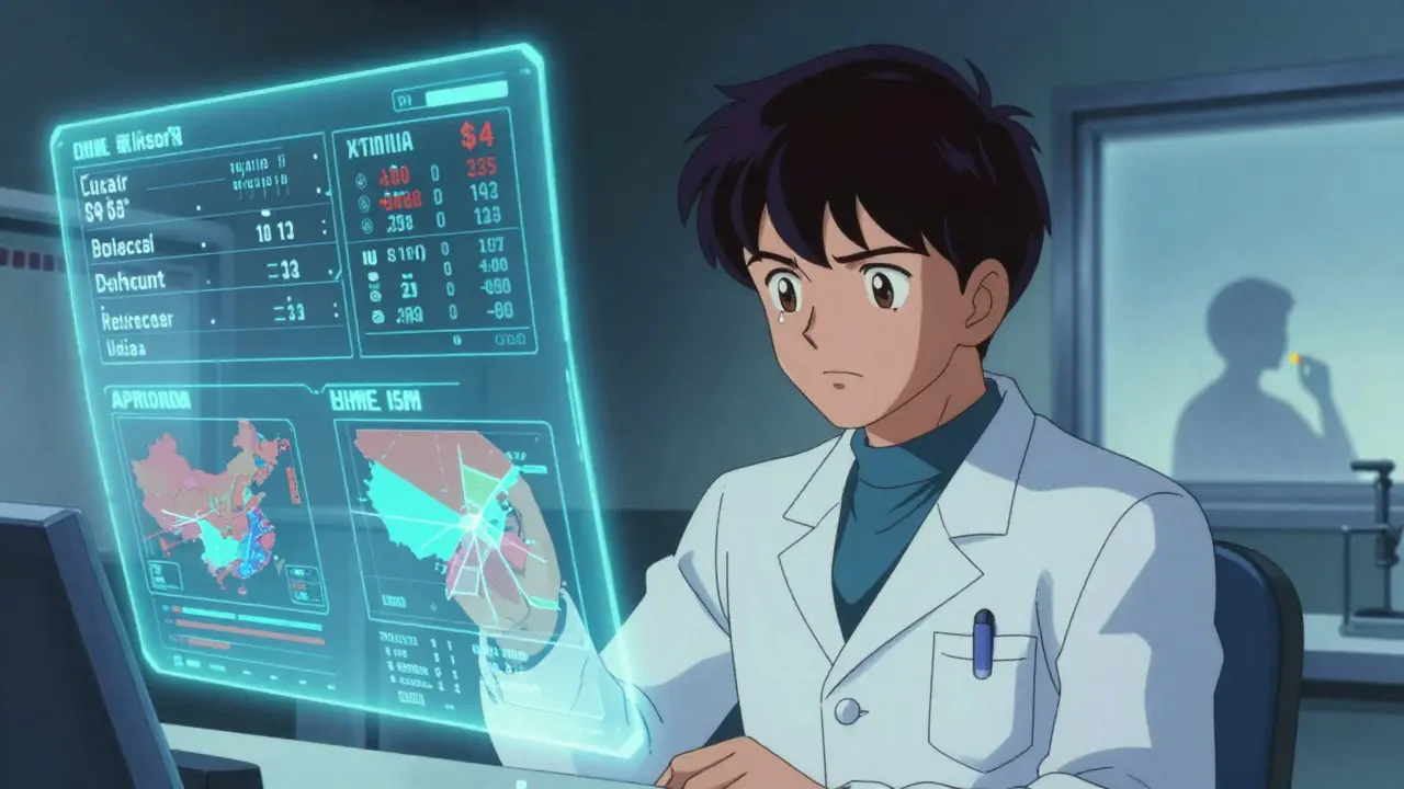 Generic QC technician surrounded by holographic data, symbolizing human effort behind affordable meds.