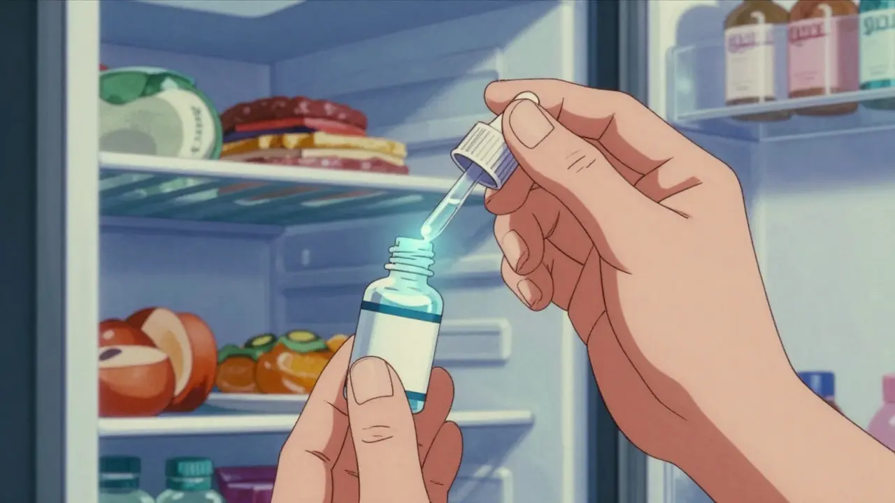 Hand holding an eye drop bottle near a refrigerator shelf for cooling.
