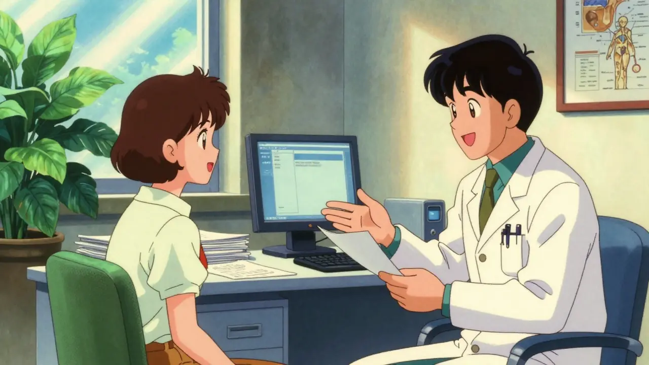 Hopeful patient consults allergist specialist in bright medical office scene