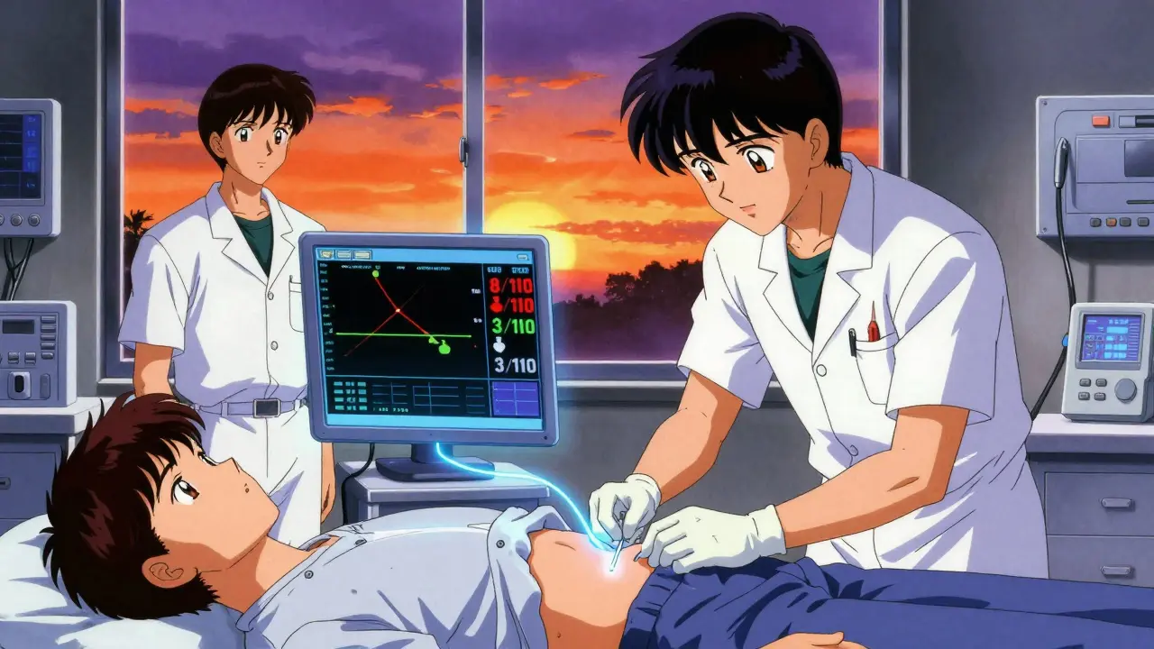 Medical team performing a nerve block procedure with glowing energy lines and real-time pain metrics displayed in the air.