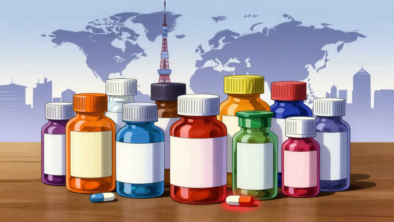 Medicine bottles with global landmark silhouettes background.