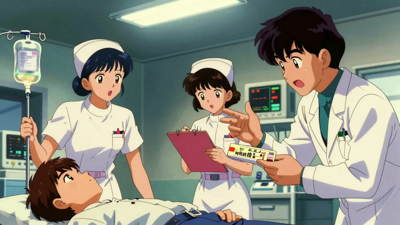 Nurses rush a trauma patient in an ER, holding empty IV bags while a doctor points to a substitute drug.