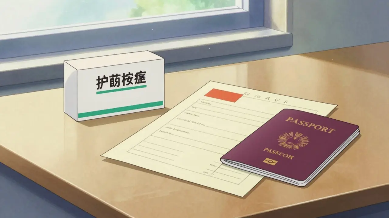 Organized travel medical documents on a sunny desk.