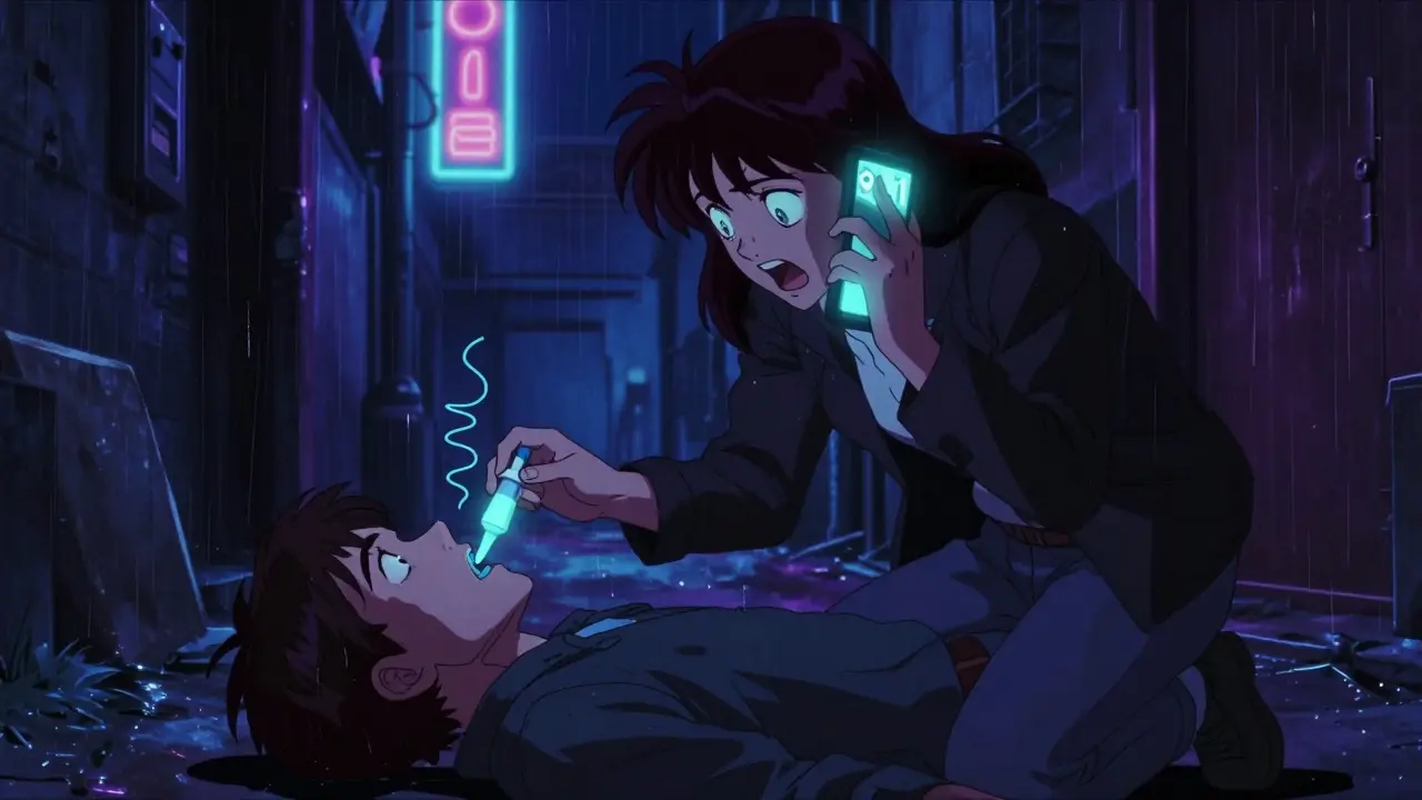 Someone administering naloxone to an unconscious person in a dark alley at night.