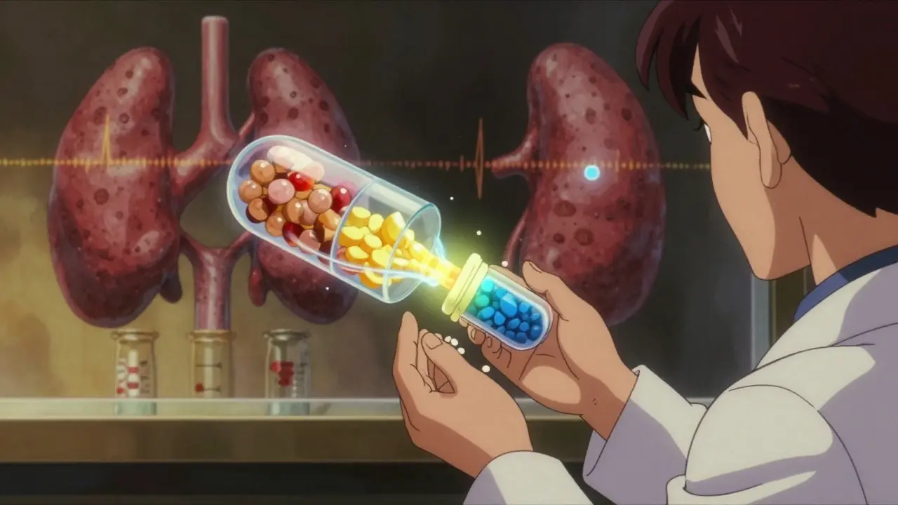 Transparent pill cross-section revealing different fillers swirling like cosmic particles, with floating thyroid glands indicating hormone absorption differences.
