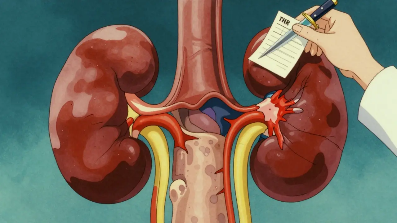 Two kidneys side by side: one healthy, one blocked, with a doctor holding a dangerous prescription in retro anime art.
