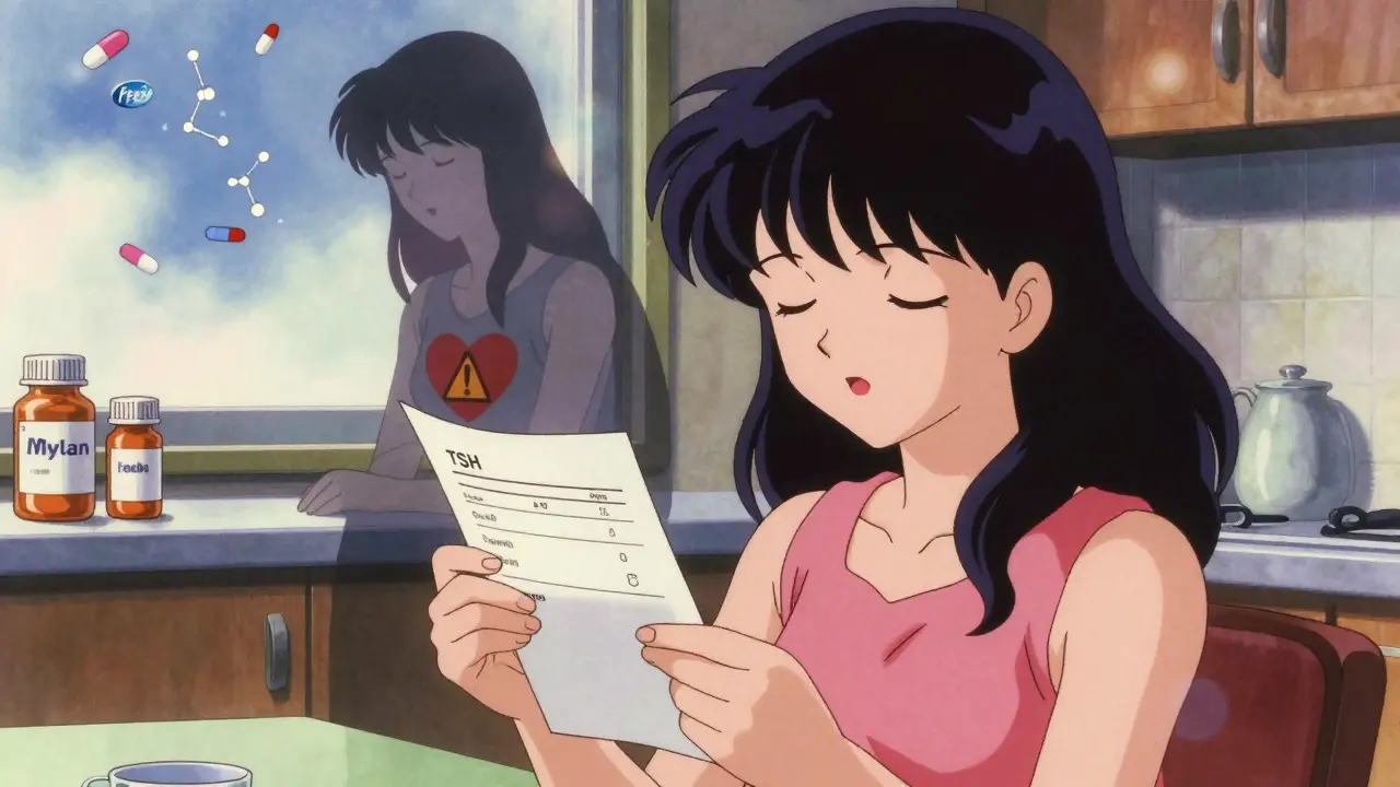 Woman holding a normal TSH report while her shadow shows fatigue, with floating pill brand logos in the background like constellations.