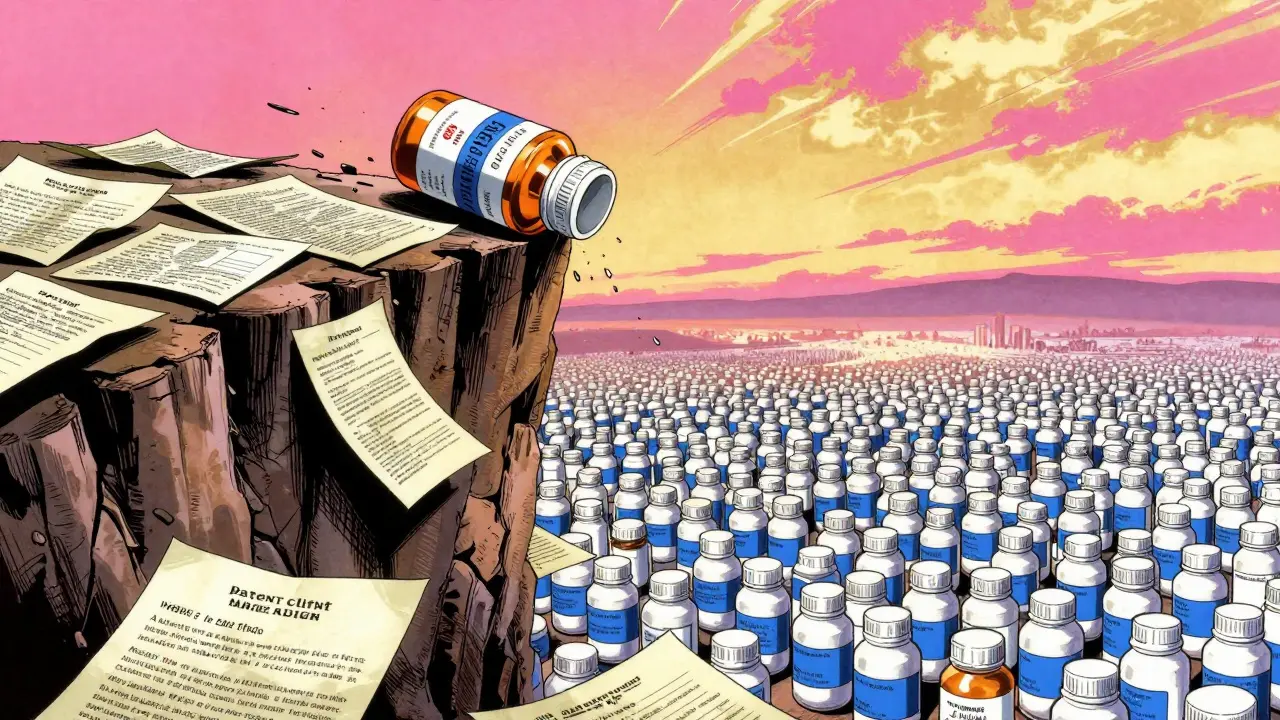 A brand-name drug bottle falling off a cliff of patent documents into a sea of generics