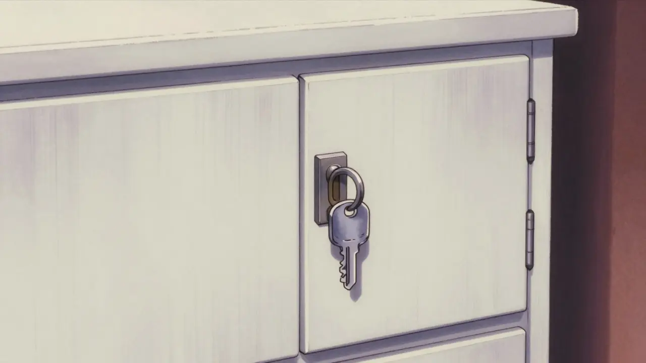 A locked white medication cabinet mounted high on a wall.