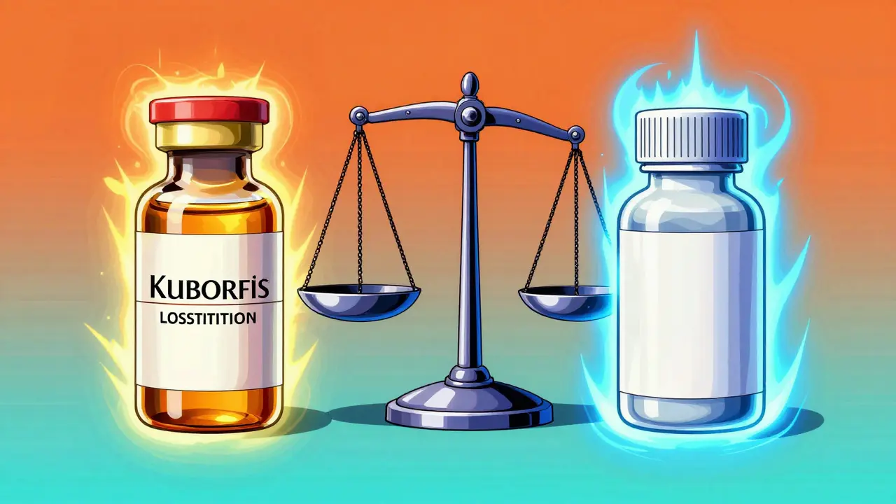 A mechanical scale comparing a luxury brand drug and a cost-effective generic
