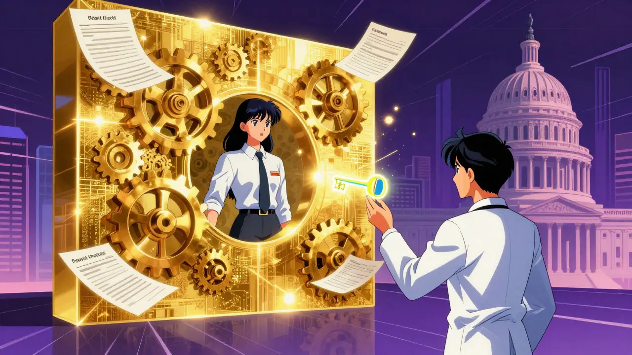 A professional facing a golden wall of interlocking gears and legal documents.