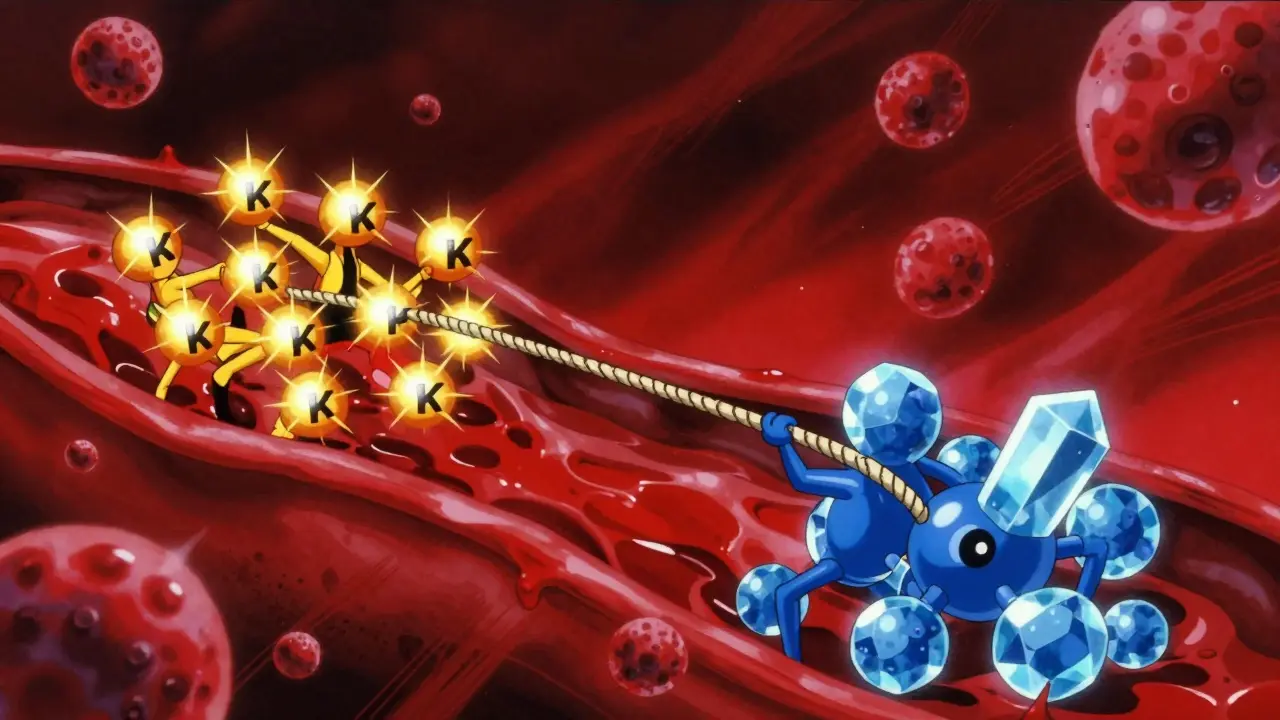 Conceptual anime depiction of Vitamin K and Warfarin in a tug-of-war in the bloodstream.