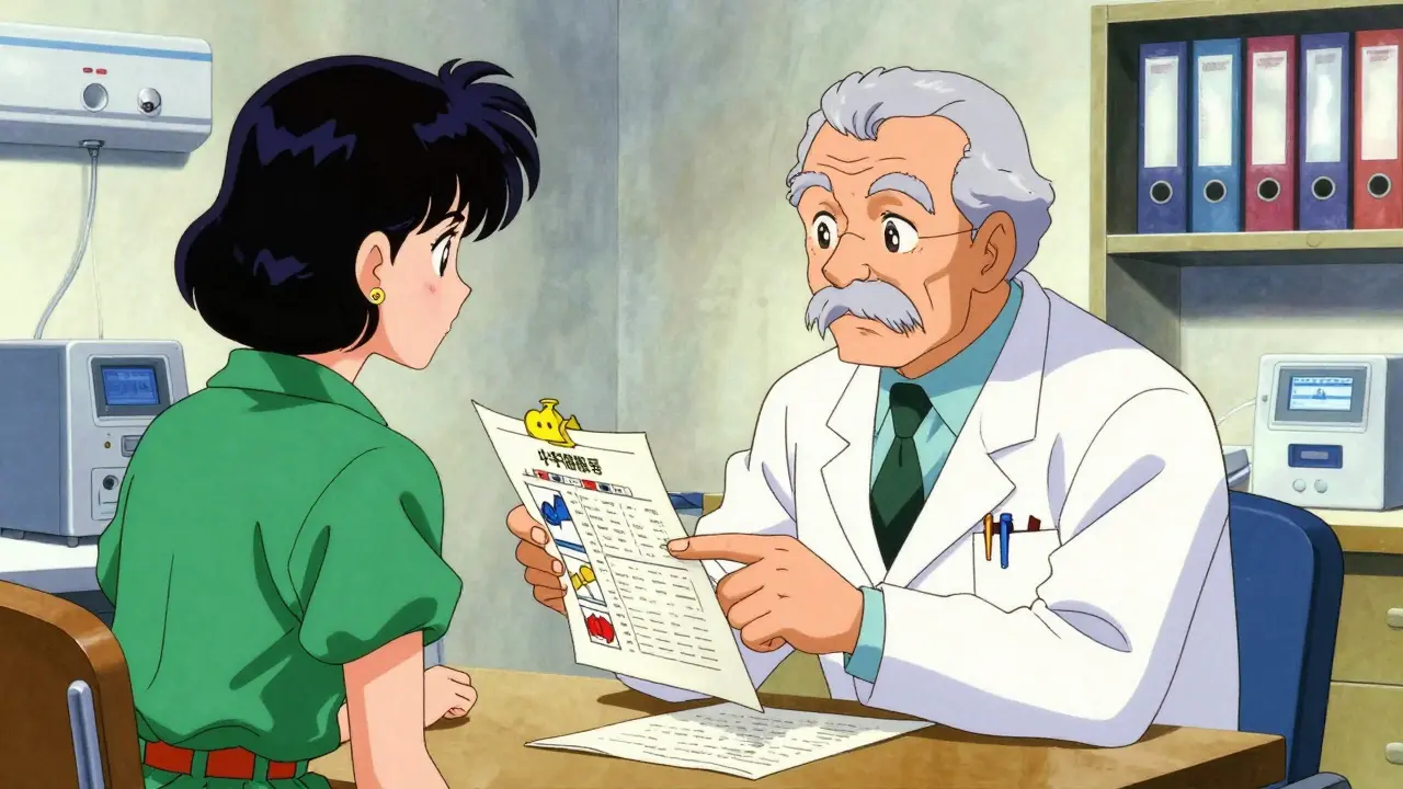 Patient and doctor discussing medication alternatives in a retro anime clinic.