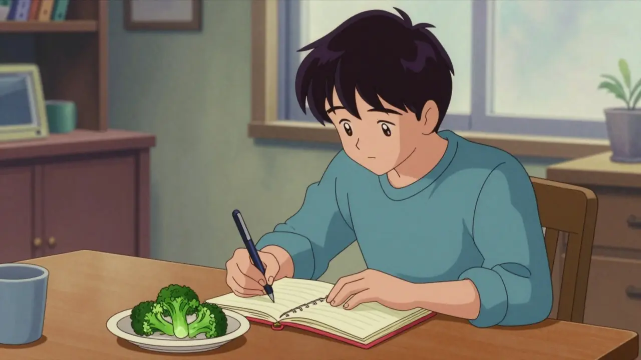 Person recording their vegetable intake in a food diary in a retro anime setting.