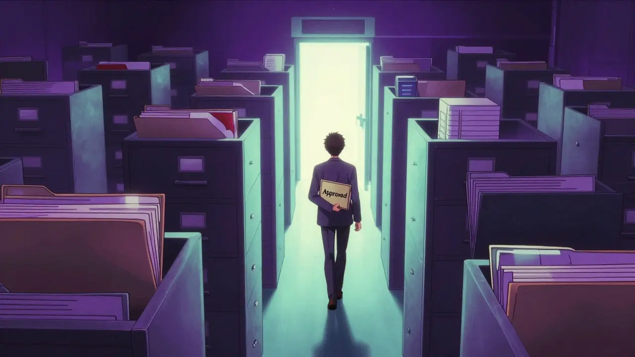 Person successfully navigating a maze of insurance folders in retro anime style.