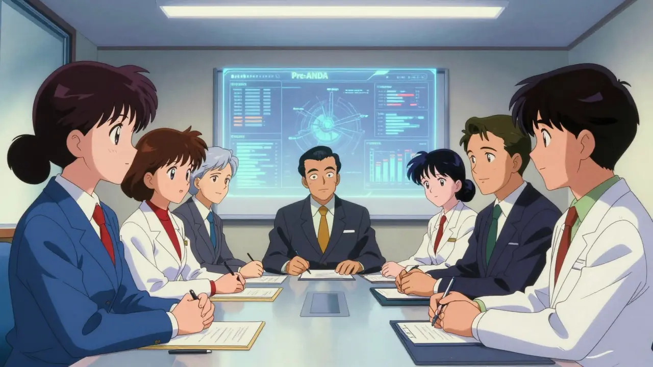 Retro anime illustration of a professional meeting between drug manufacturers and FDA officials.