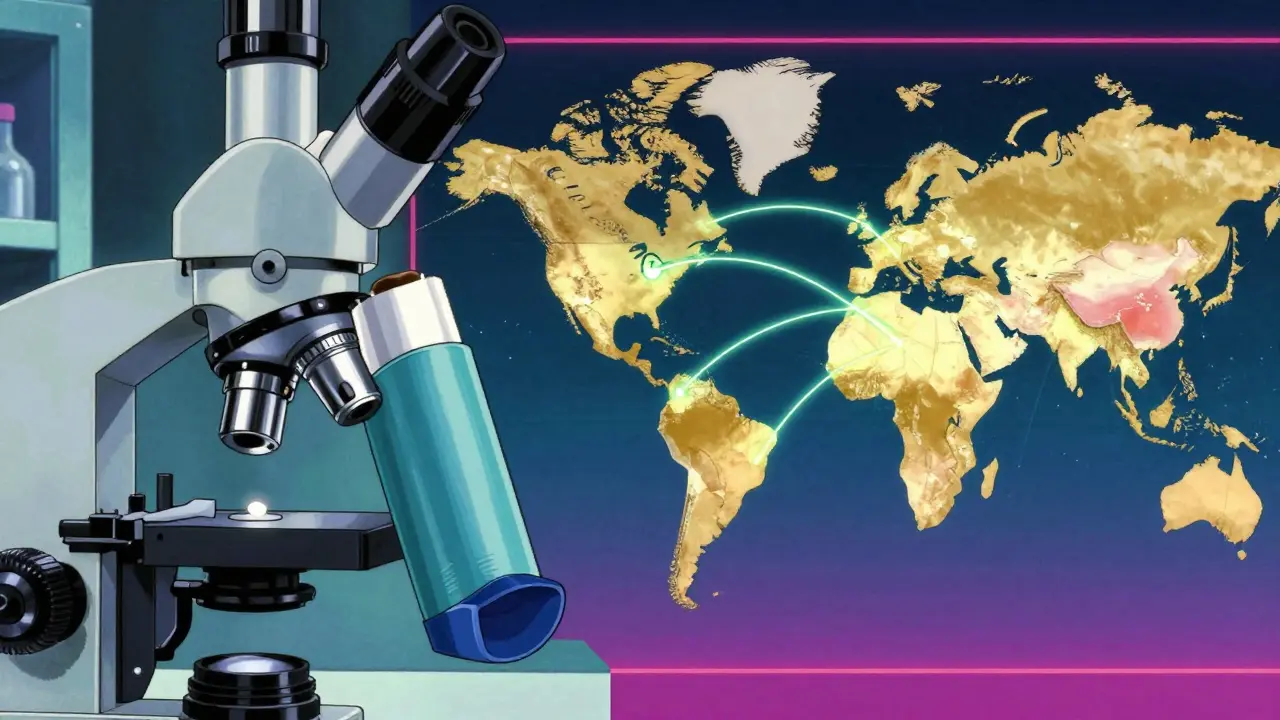 Retro anime split-screen showing a complex drug inhaler and a global map with inspection routes.