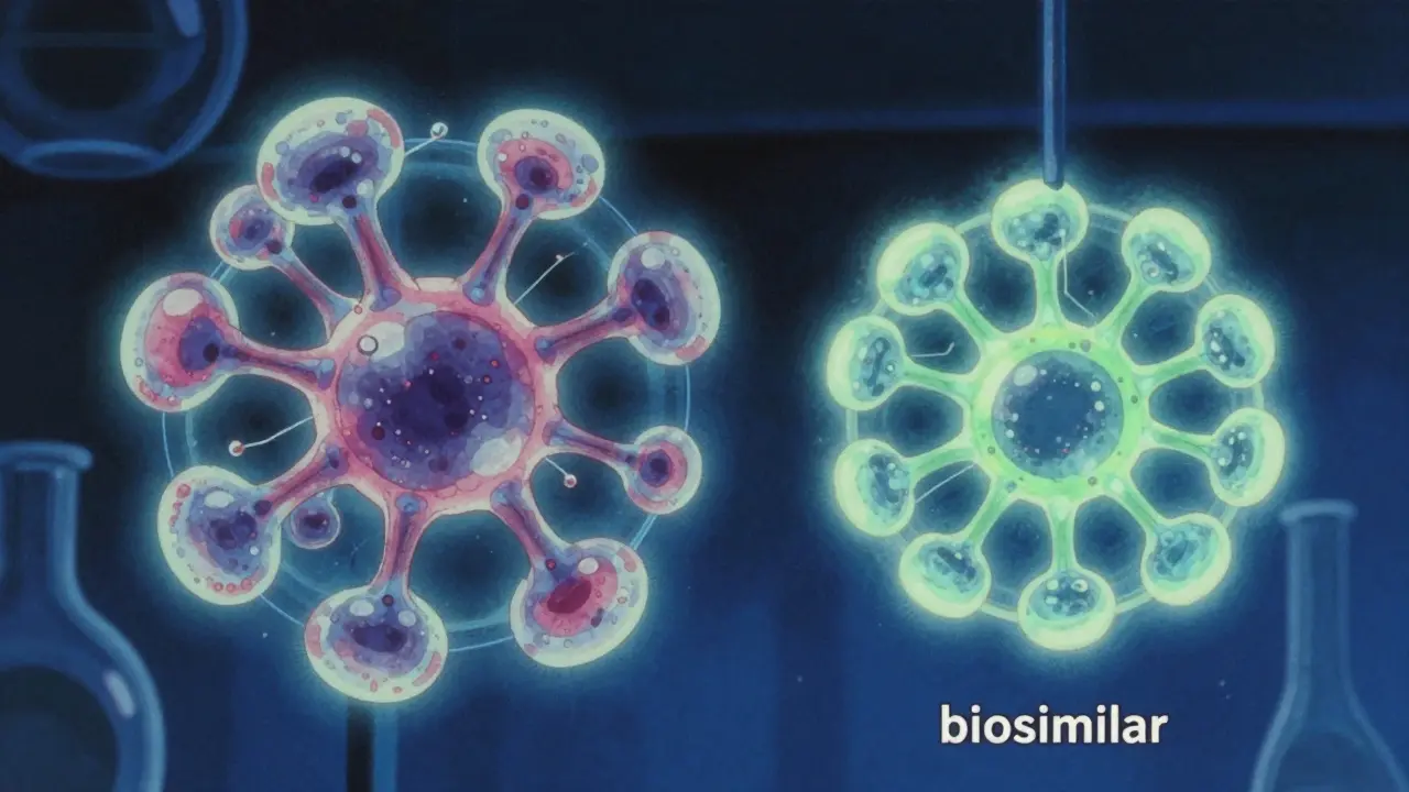 Retro anime visualization of a complex biologic molecule and its biosimilar equivalent.