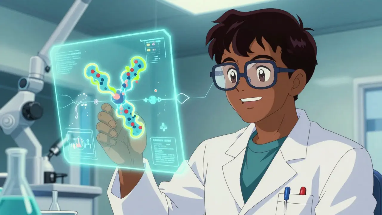 Scientist in a futuristic lab analyzing a protein inhibitor on a holographic screen.