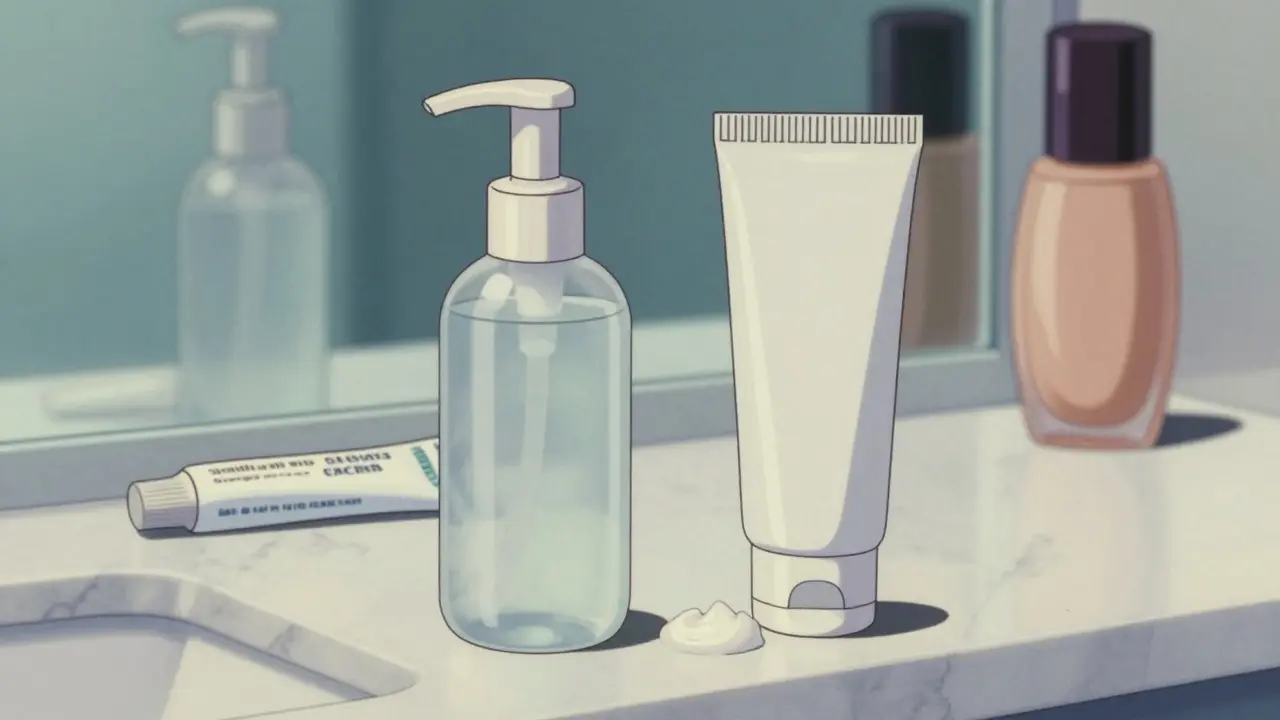 Simple, gentle skincare products on a counter in vintage anime style