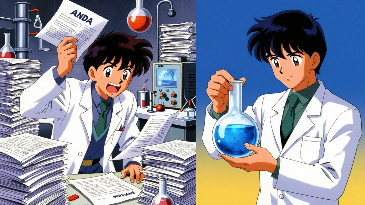 Split-screen showing a complex lab process versus a streamlined bioequivalence test.