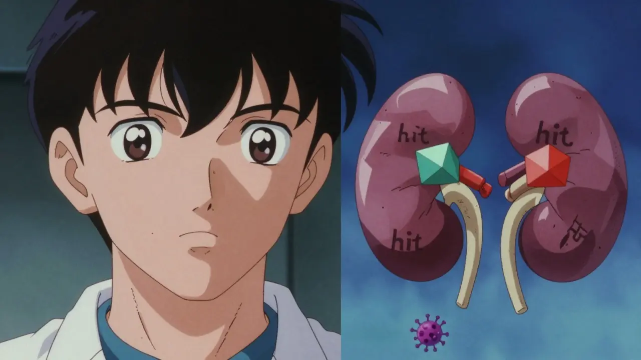 Split-screen showing a person's concerned face and a conceptual kidney with risk markers.