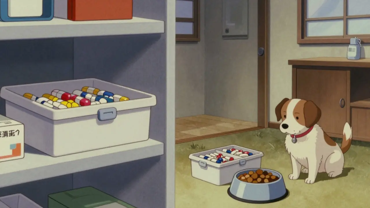 Two separate storage areas for human and pet medications in a home.