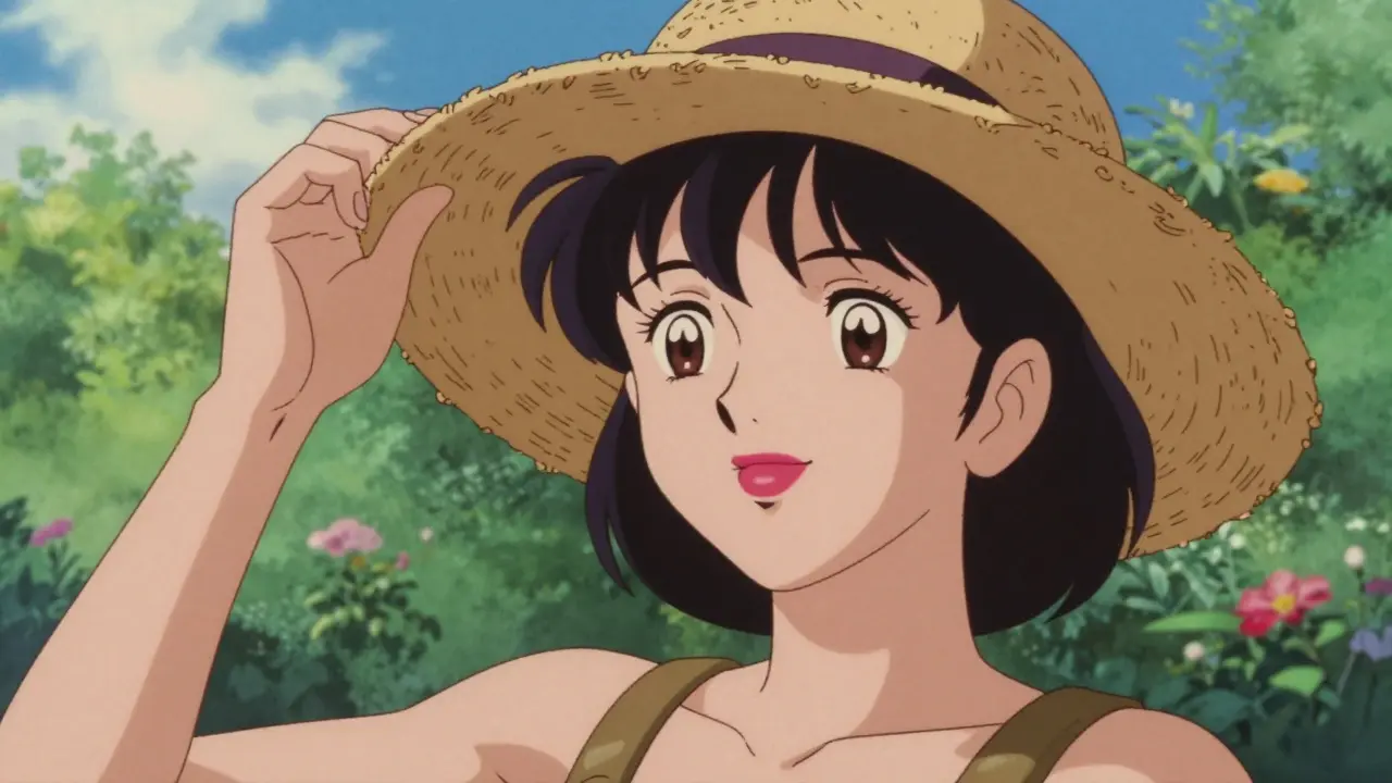 Woman with clear skin wearing a sun hat in a sunny garden, retro anime style